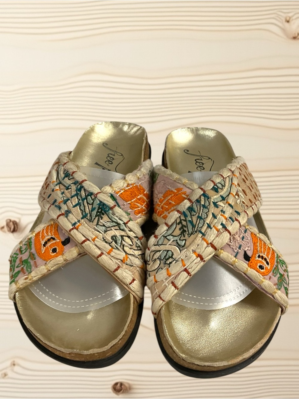 Free People Women's Embroidered Gold Slip-On Sandal w/Orange Accents EU 40/US 10